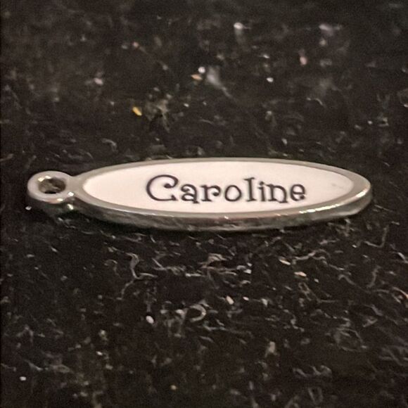 1” silver tone and white enamel charm/pendant embossed “Caroline” & jump hoop - Picture 2 of 9